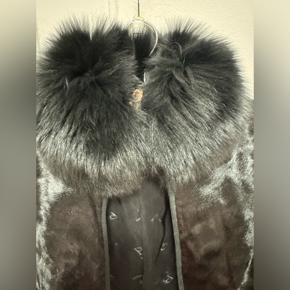 Bella Bicchi Black Leather Fur Suede Coat Jacket Saga Fox Collar mob wife - Picture 4 of 8